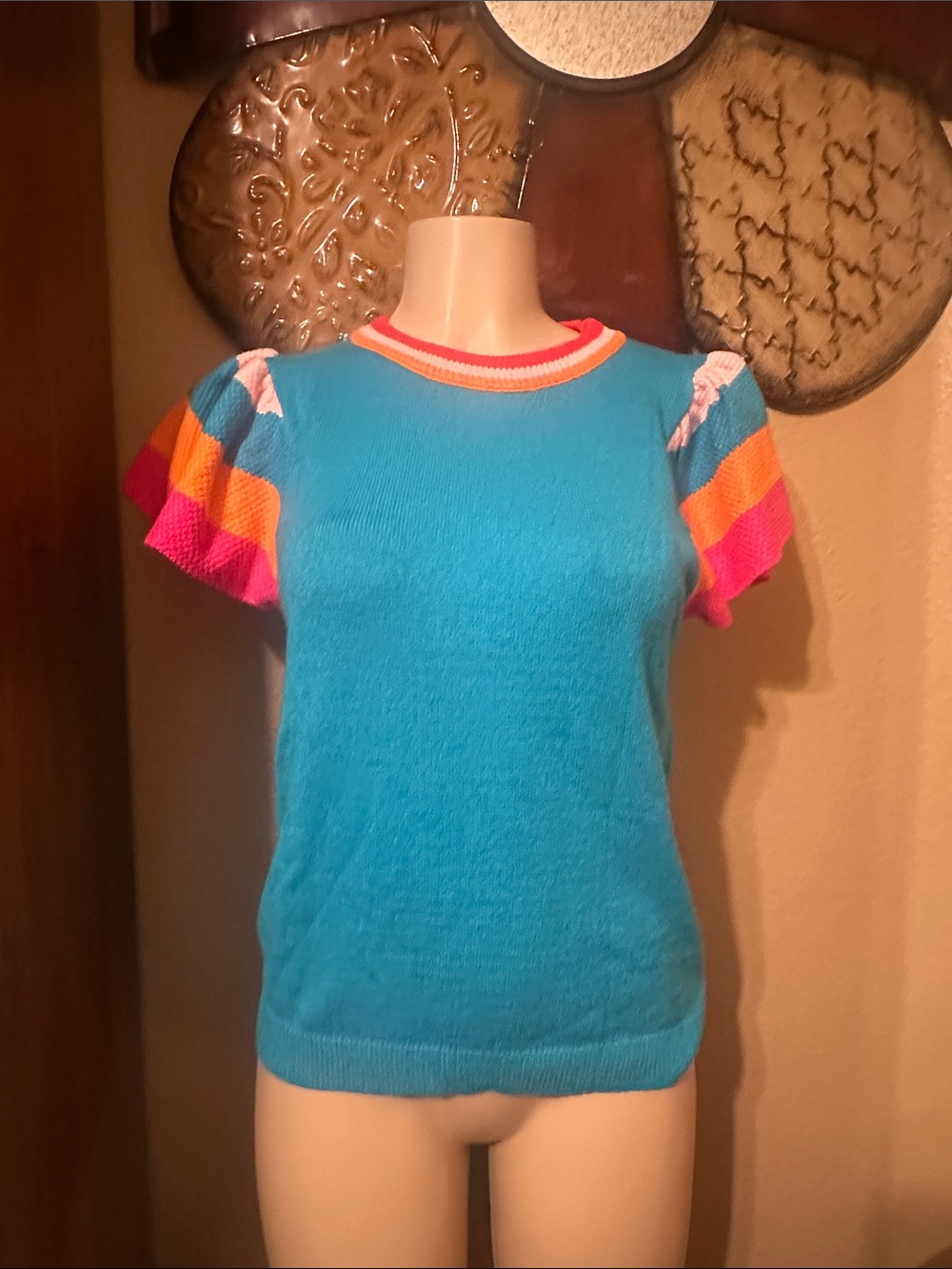 Bright Turquoise Short Sleeve Sweater with Colorblock Ruffled Sleeves